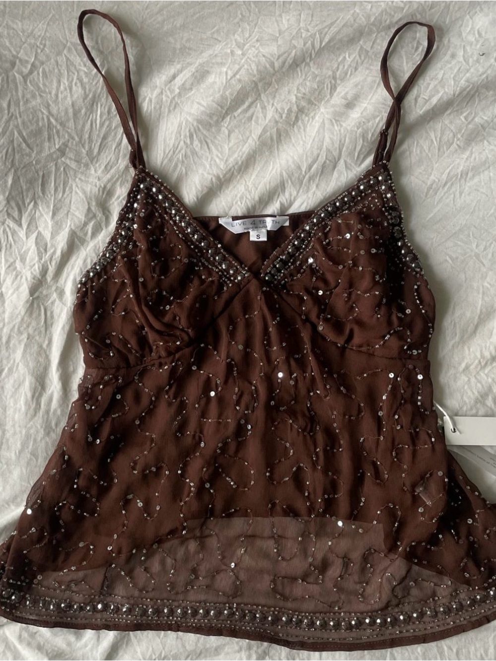 NWT Y2K Inspired Brown Beaded Sequin Cami Babydoll Top Size Small